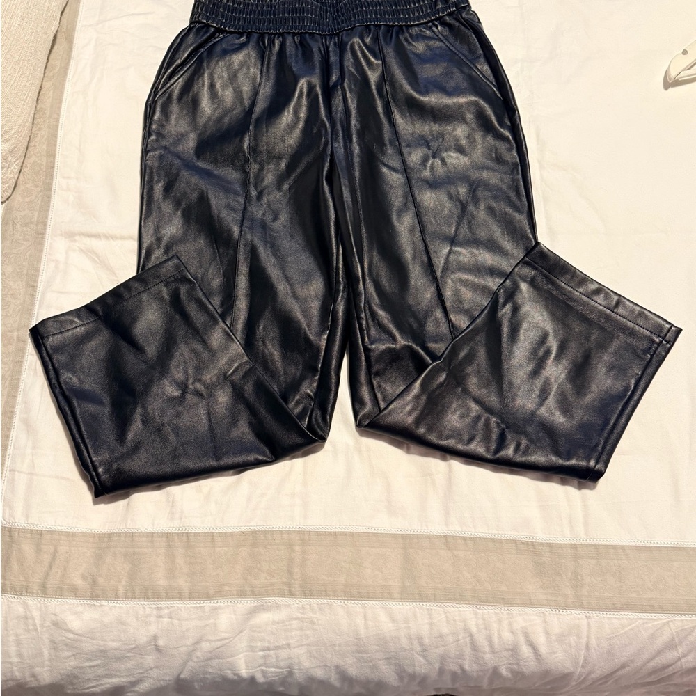 Faux Leather Black Elastic Waist Trousers